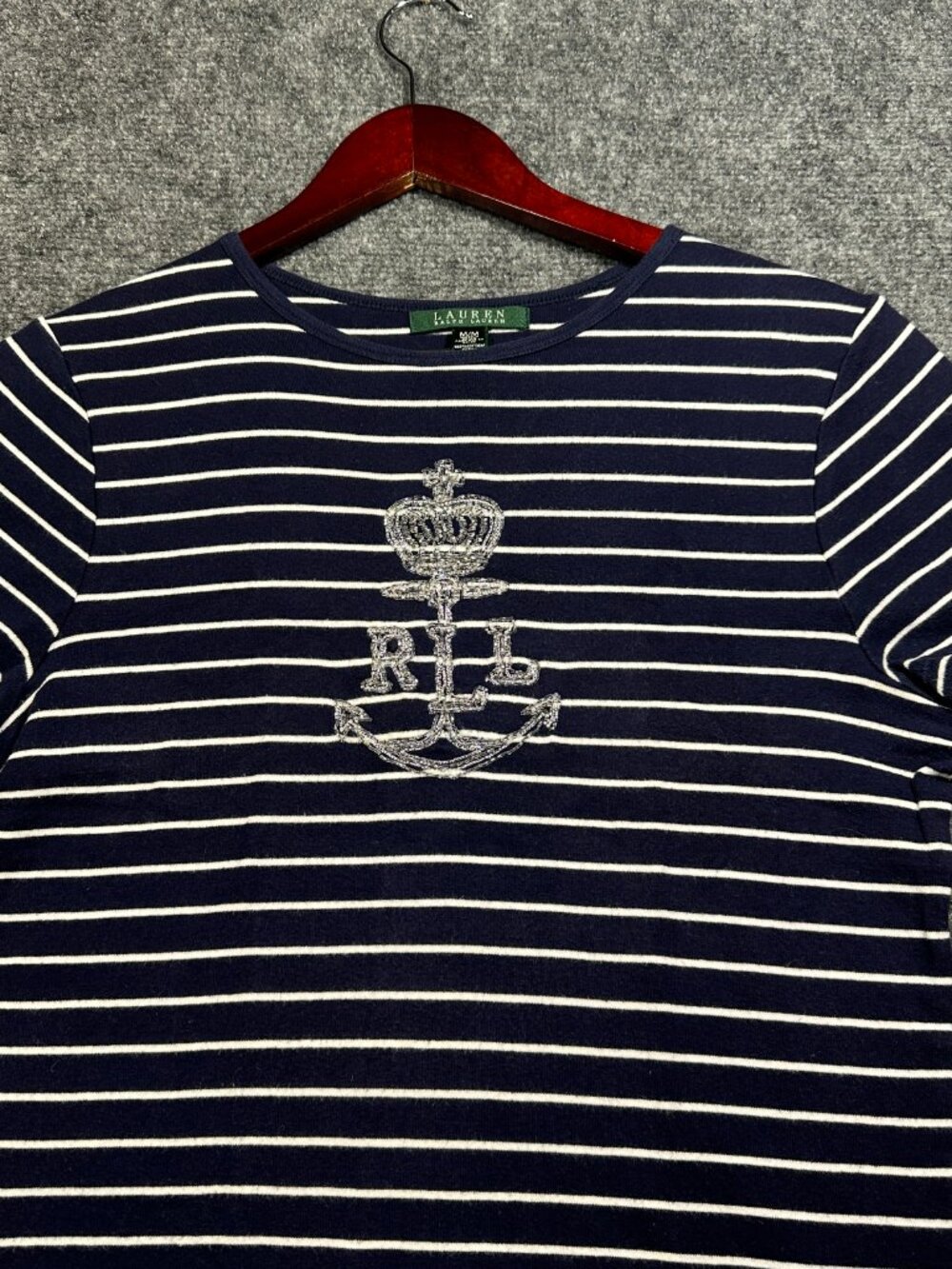 Lauren Ralph Lauren Top Womens Medium Blue White Stripe Cotton Short Sleeve Tee - Picture 3 of 8